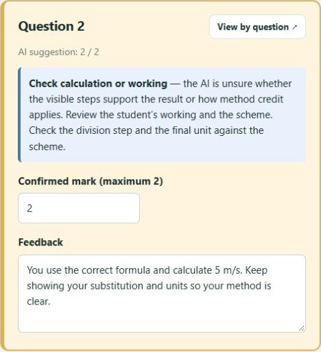 A question review with an uncertainty flag, a confirmed-mark field and editable feedback.